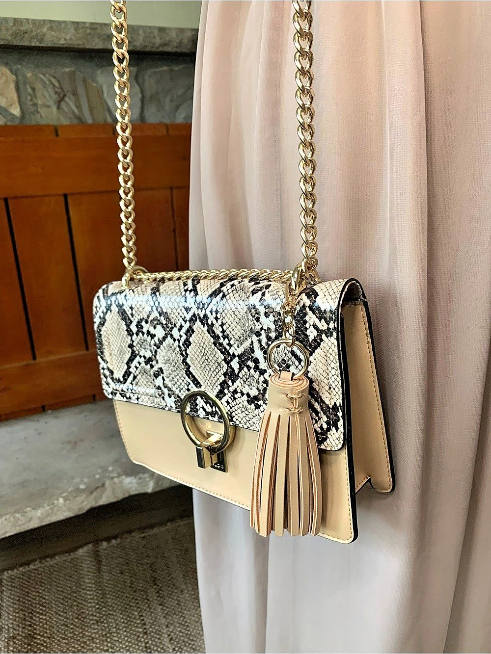 Aldo Snakeskin Beige & Black Purse with Gold Chain & Tassle Excellent Condition